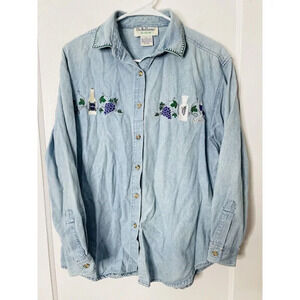 Vtg Bella Point At Ease Shirt Sz M Chambray 90s Style Embroidered Vineyard Wine